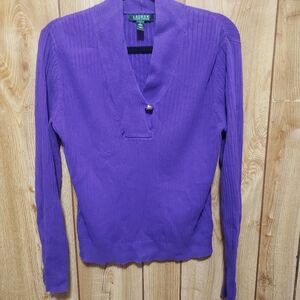 Ribbed Pullover Womens Lg Gold Crest Y2K 00s Shawl Neck 90s Lauren Ralph Lauren
